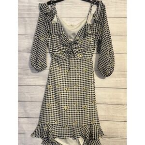 Rewind Black White Gingham Dress XL Yellow Floral Open Back Tie Straps Off Shoul